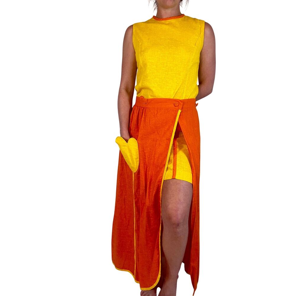 Vintage 1960s Mod Shift Dress Tear Away Skirt Set Yellow Orange Tulip Pockets - Picture 3 of 16